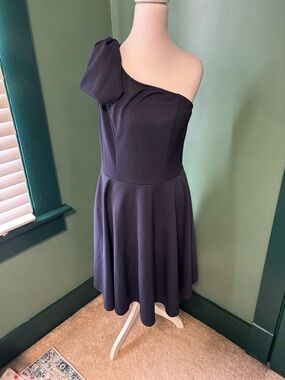 One-Shoulder Navy Dress with Shoulder Bow Detail